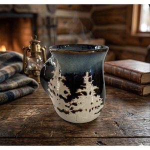 Handmade Studio Pottery Hand Warmer Mug Blue Pine Tree Forest Ceramic Coffee Cup
